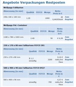 Kartonagen verkaufen - Anzeige Restposten bei kartonagen.de
